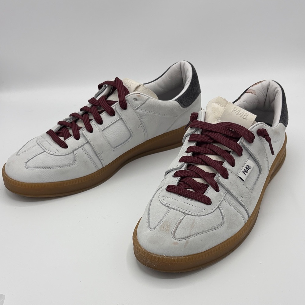 P448 Men’s White Leather Sneakers with Burgundy Laces and Gum Sole